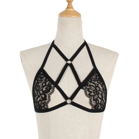 Hollow Out Push Up Female Bralette Top Sheer Backless Sexy Lace Harness Bra Lingerie Deep V Wireless Halter Lace Strappy Bra