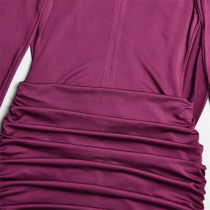 Mozision High Neck Shoulder Pads Long Sleeve Sexy Mini Dress Women Draped Cross Front Ruched Slim Bodycon Nightclub Party Dress