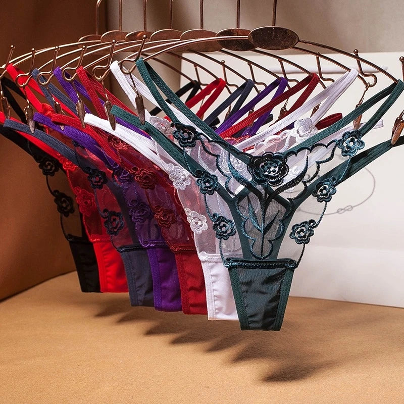 Women French Embroidery Panties, Low Waist Sheer Straps Seamless Breathable Plus Size Triangular Underwear