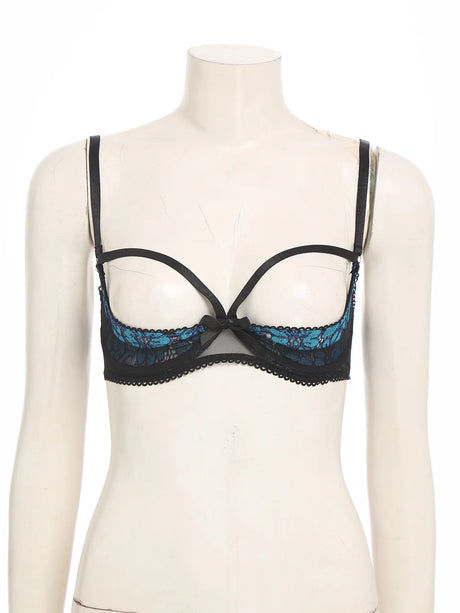 Womens Sexy Cupless Bra Sheer Floral Lace Bra Hollow Out 1/4 Cups Push-up Underwire Bralette Balconette Lingerie Underwear
