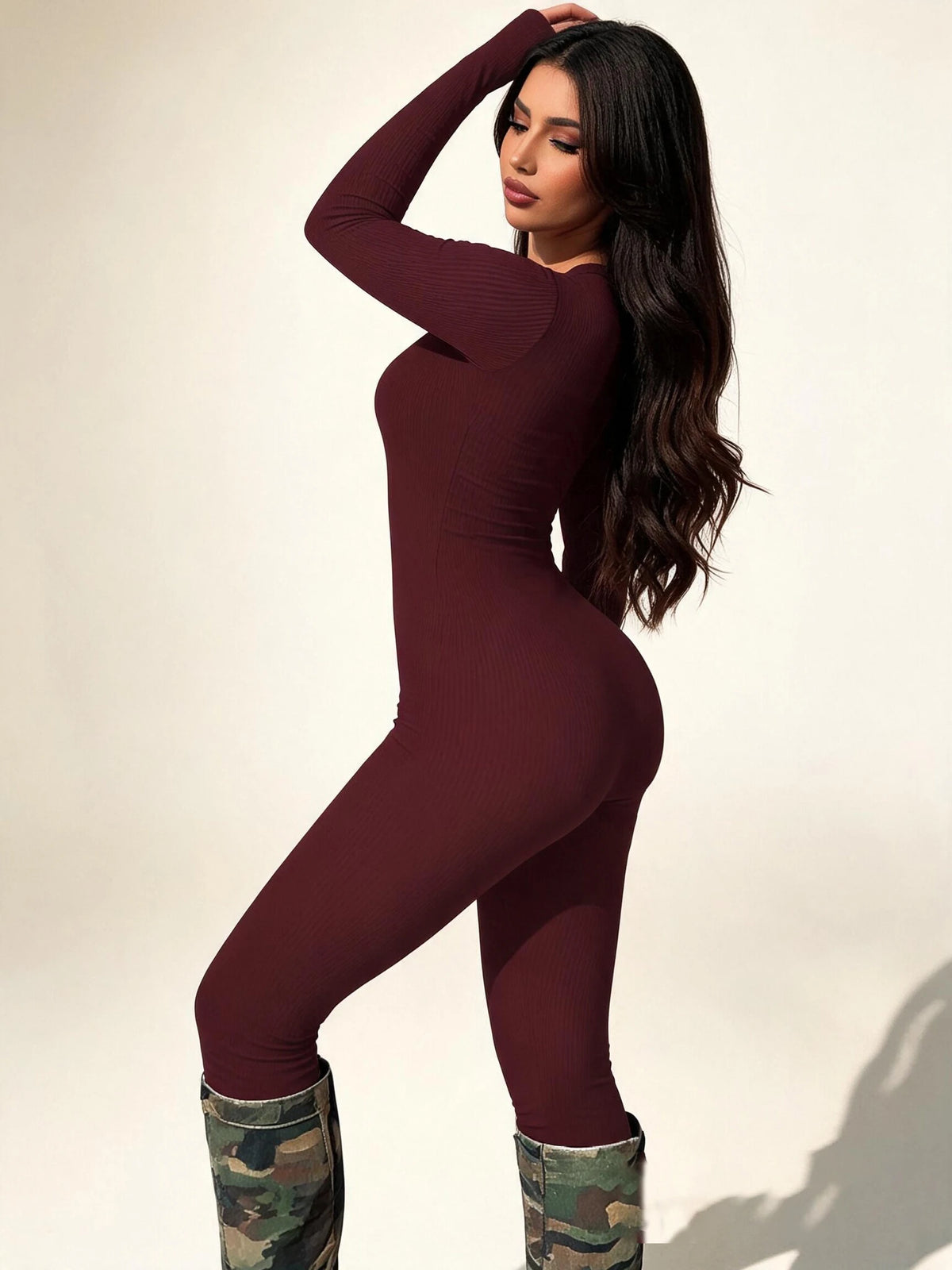 Women High Stretch Ribbed Knit Long Sleeve Jumpsuit Deep V Neck Slim Fit Tight Full Length Bodysuit Pants Casual Club Outfit