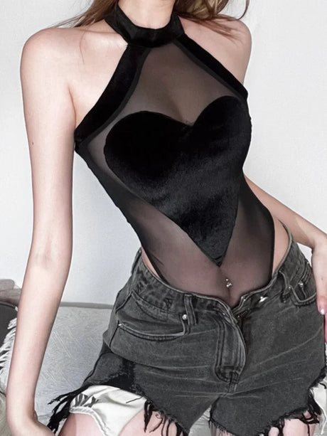 Flocking Heart Sexy Bodysuit Lingerie See Through Mesh One-pieces Body Feminino Sleeveless Bustier Black Tops Women Neck-mounted