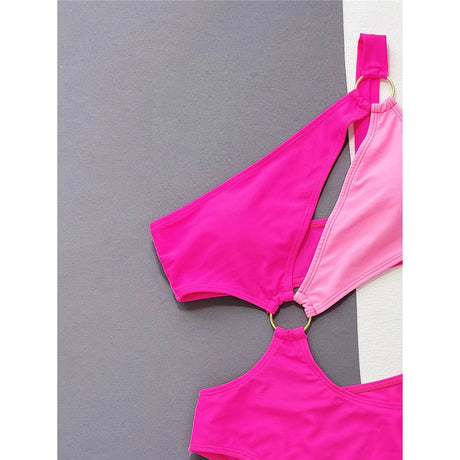 Sexy Pink Asymmetric Splicing One Shoulder Women Swimwear One Piece Swimsuit Female Monokini Cut Out Bathing Suit Bather V4674