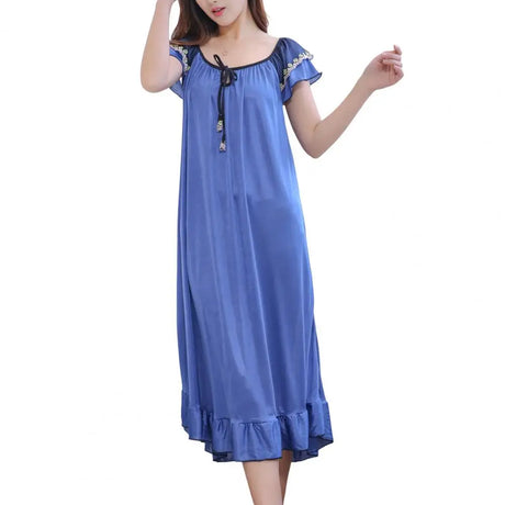 Satin Pajama Dress Women Lounge O-Neck Lace-up Short Sleeve Thin Sleeping Dress Ruffle Hem Summer Nightdress