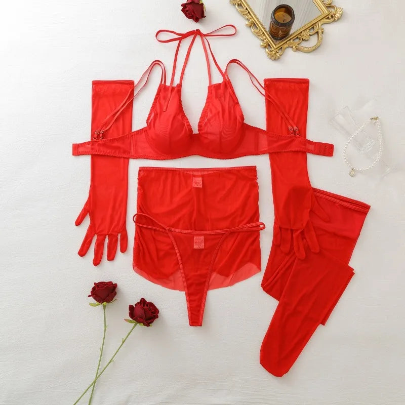Seductive Red Women's Lingerie Sets Wild Sexy Sheer Mesh Double Strap Halter Bra Panty Mini Skirt Gloves Stocking 5PC Erotic Set