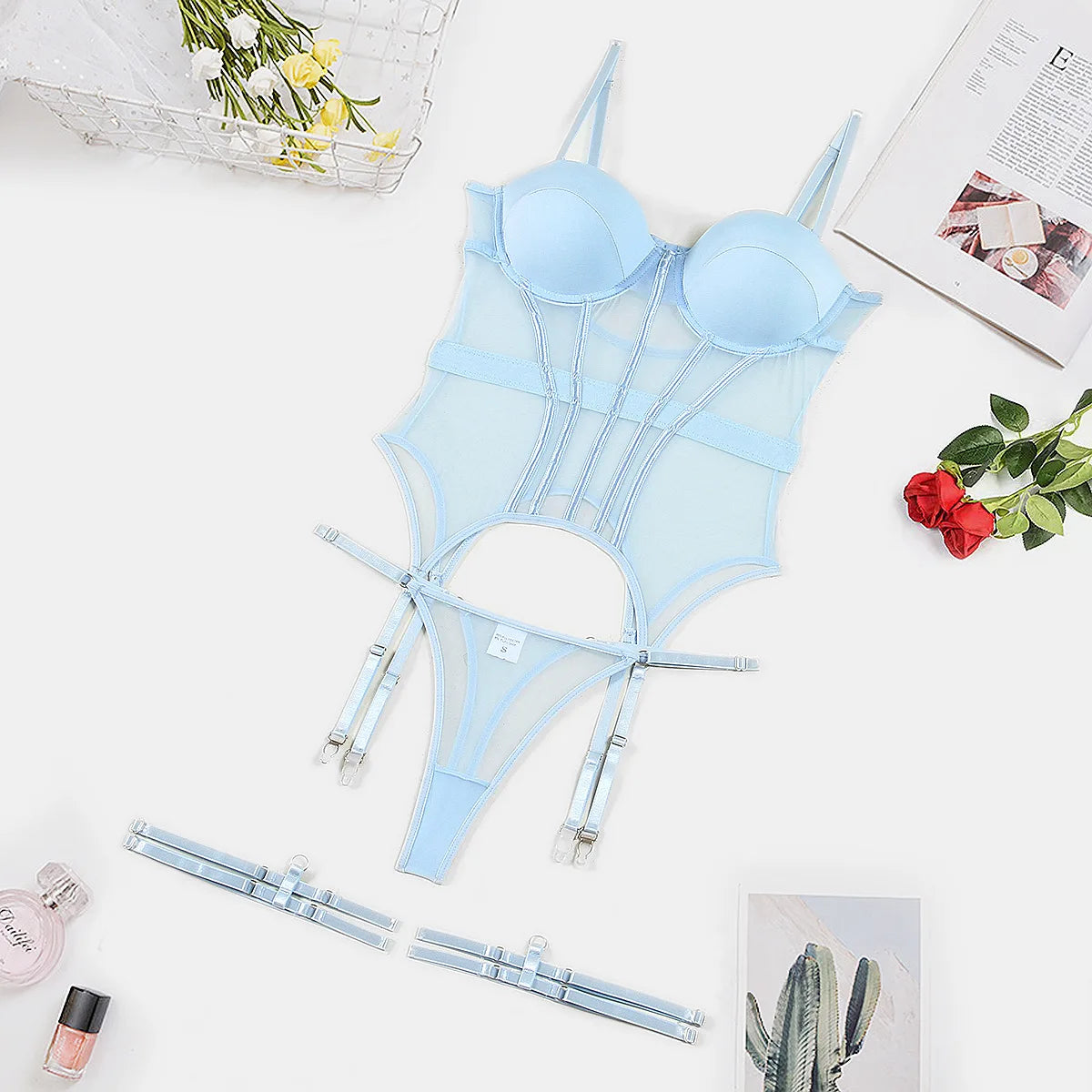 MUZISKAT Mesh Lingerie Luxury Brand Bodysuit Backless Tops for Women 3 Piece Lingerie Set with Garter Sexydresses for Women