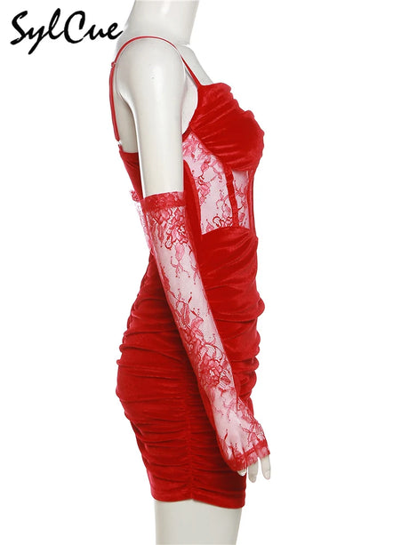Sylcue Winter Bachelor Party Solid Color Velvet Tight Sexy Hot Mature Charm Women'S Fishbone Sling Dress With Lace Sleeve