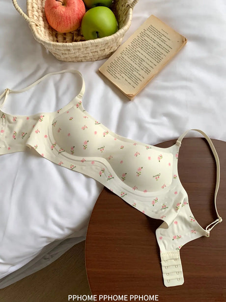 Plunge Neck Floral Demi Cup Bra Small Bust Wirefree Push Up Seamless Invisible Thin Cute Teen Girls Daily Wear Underwear