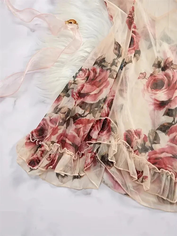Women Floral Spaghetti Strap Nightdress Back‑cross Chemise Romantic Sleepwear for Valentine Honeymoon Dating Bedroom Loungewear