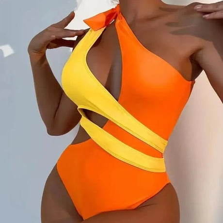 Sexy Swimwear Women Color Block Hollow Out Design One Shoulder Bikini Bodysuit Summer Beach Vacation High Cut One Piece Swimsuit