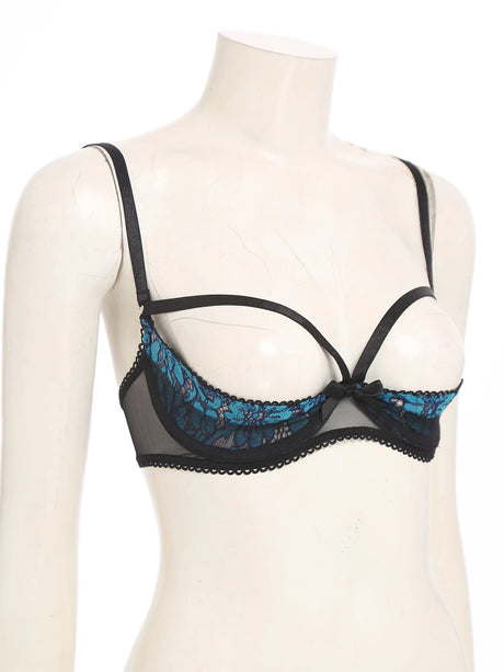 Womens Sexy Cupless Bra Sheer Floral Lace Bra Hollow Out 1/4 Cups Push-up Underwire Bralette Balconette Lingerie Underwear