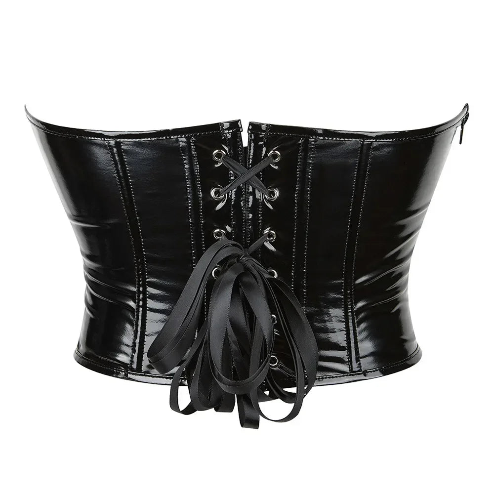 Black Shiny PVC Bustier Faux Leather Corset Crop Top Body Shaper Women Sexy Corselet Vest Plus Size