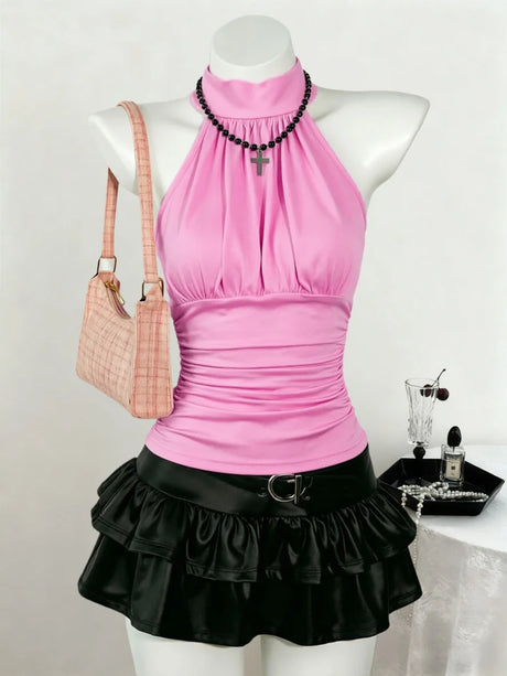 Women Beaded High Neck Halter Sleeveless Top Side Ruched Slim Fit Solid Black Crop Tank Top 2026 Summer Gothic Streetwear Club P