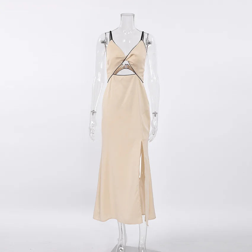 Black Satin Knot Hollow-out Straps Long Dress French Style Sexy Sleeveless Slit Women Summer Dress Lady Evening Party Gowns