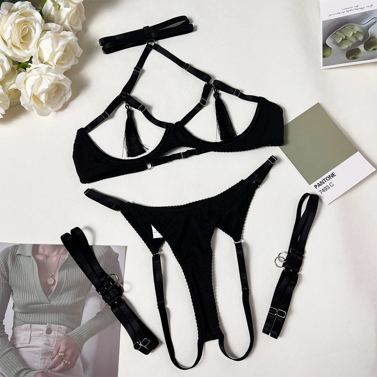 Ellolace Sensual Tassel Fetish Lingerie See Through Open Bra Bilizna Set Hot Sexy Intimate Naked Crotchless Panties Exotic Sets