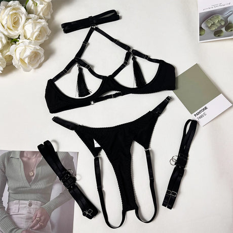 Ellolace Sensual Tassel Fetish Lingerie See Through Open Bra Bilizna Set Hot Sexy Intimate Naked Crotchless Panties Exotic Sets