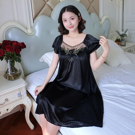 Ladies Ice Silk Nightgowns Sleeping Dress Medium Length Short Sleeve Nightdress Sexy Sleepwear Home Wear Loungewear Pyjama Femme