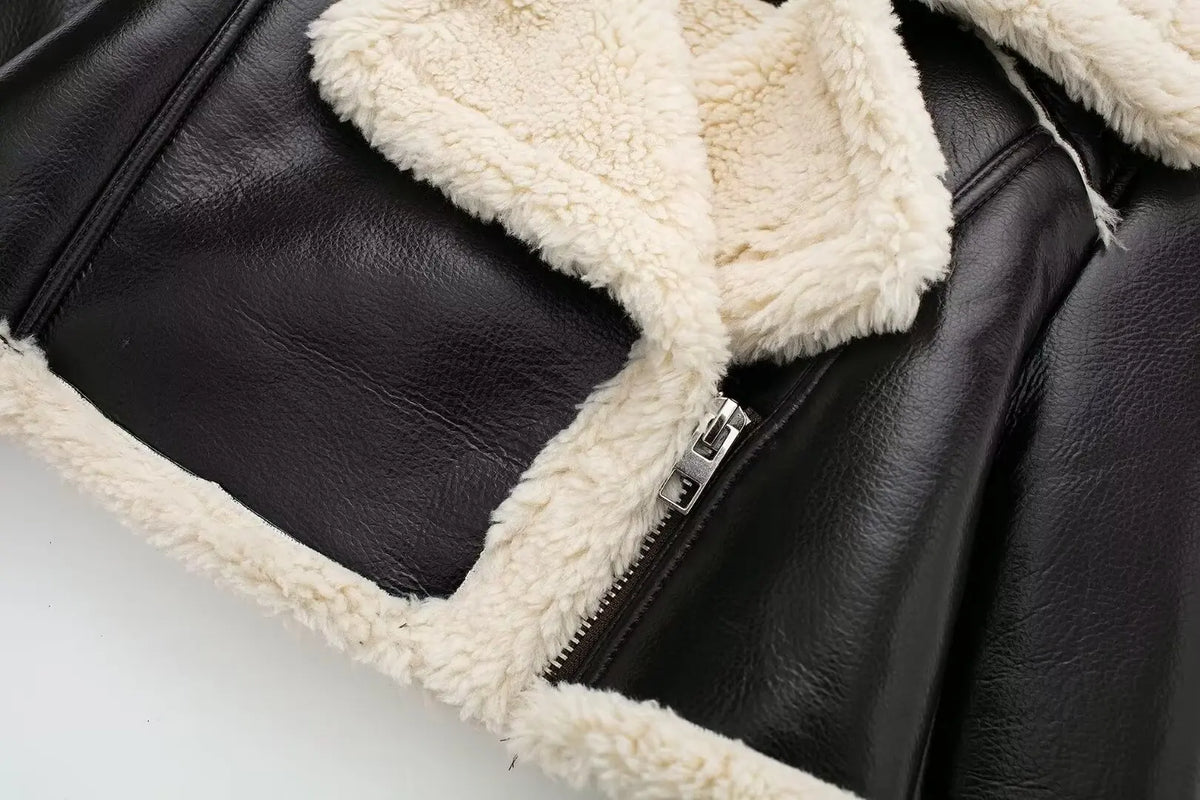 HH Women Faux Leather Thicken Short Jacket Vintage Front Zipper Lapel Long Sleeve Coat Winter Women Warm Casual Outerwear