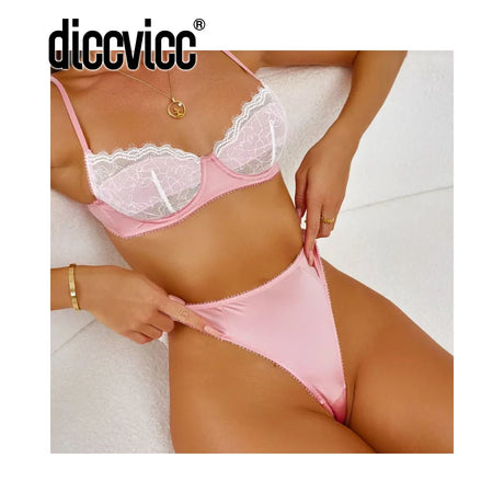 Diccvicc Lingerie Sexy Two Pieces Contrast Color Patchwork Sheer Lace Bra Satin Panty Set Daring Underwear Exotic Intimate Wear