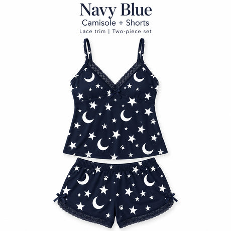 Women's Lace Trim Camisole Shorts Pajama Set, V Neck Bow Detail Sleeveless Two Piece Sleepwear in Solid and Printed Colors