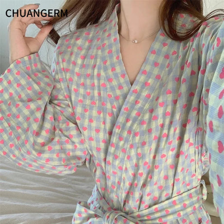CHUANGERM Women Sweet Plaid Long Sleeve V‑Neck Lace Up Loose Medium‑Long Robe Comfortable Sexy Home Wear Loungewear