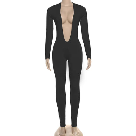 2025 Autumn Solid Backless Skinny Jumpsuits Women Sexy Deep V Neck Long Sleeve Slim Fitness Overalls Clubwear Street Rompers
