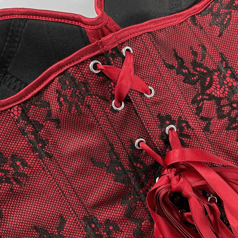 Women's Lace Corset Top Strapless Burgundy Black Molded Cup Back Lace-Up Waist Cincher Push-Up Bustier