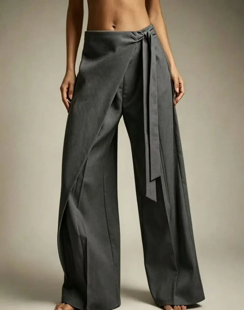 Women High Waist Wide Leg Pants Loose Wrap Tie Knot Asymmetric Pleated Trousers Beach Casual Bottoms