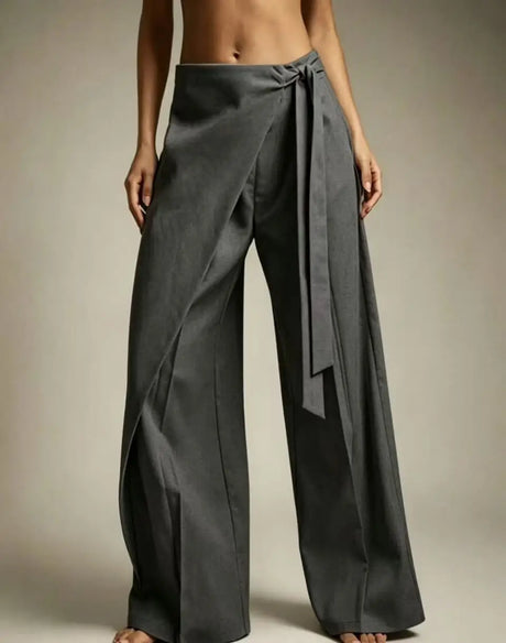 Women High Waist Wide Leg Pants Loose Wrap Tie Knot Asymmetric Pleated Trousers Beach Casual Bottoms