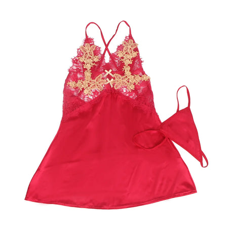 Red Satin Lace Chemise for Women Embroidery Backless Sleepwear Push Up Adjustable Straps with Panties Plus Size