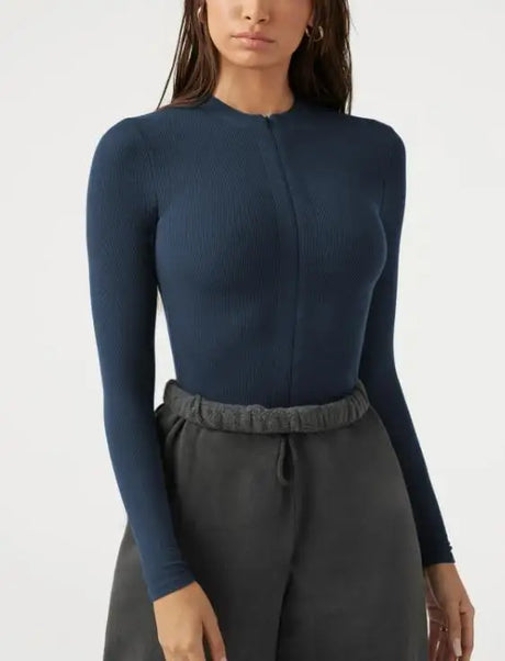 Bodysuit Women 2026 Spring New Solid Color Half Zipper Design Round Neck Long Sleeve Skinny Daily Basic Knit Bodysuit Top