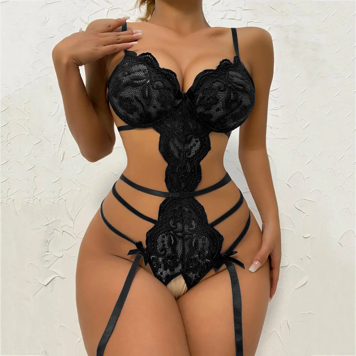 Erotic Lace Strappy Bodysuit for Women Hollow Out One Piece Teddies Babydoll Nightwear Lingerie Exotic Apparel Date Night Outfit