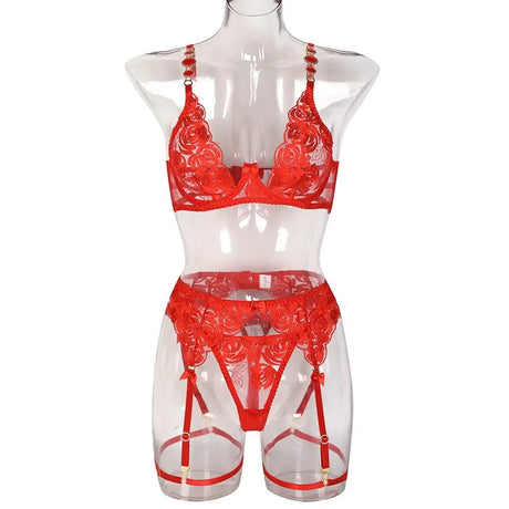 Luxury Floral Embroidery Lace Women's Lingerie Sets Seductive Jewel Strap Sheer Push Up Bra Panty Garter Belt 3PC Sexy Underwear