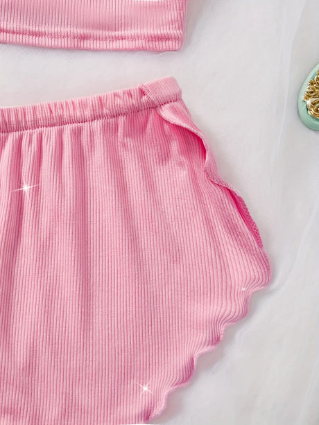 Women’s 2 Piece Solid Color Pajama Set, Square Neck Crop Cami Top and Ruffle Trim Split Shorts, Ribbed Sleepwear Loungewear