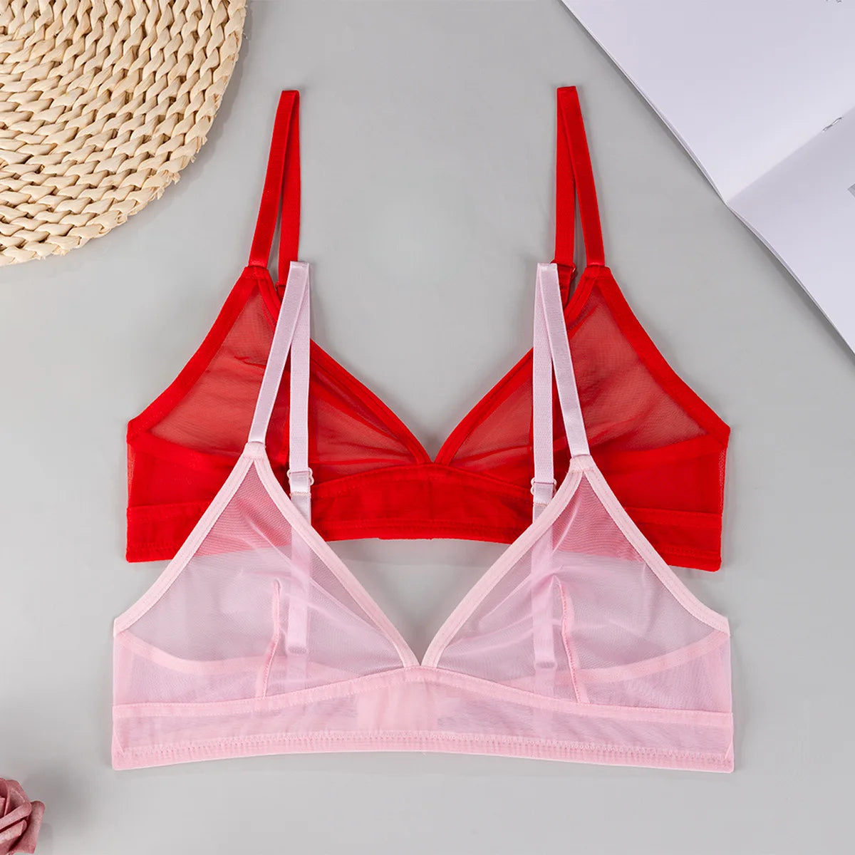 Sexy Transparent Ladies' Brassiere Three-piece Women's Bra Small Bust Mesh Lingerie Ultra-thin Triangle Double Shoulder Straps