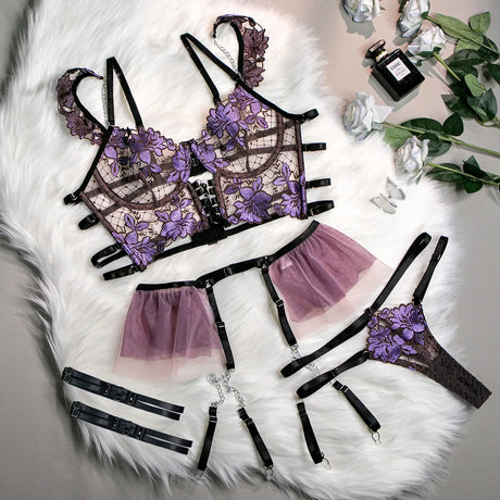 Erotic Lingerie for Women Sexy Set Underwear Floral Transparent Lace Bra and Panty Intimate Sets with Garter Outfits Bodysuits