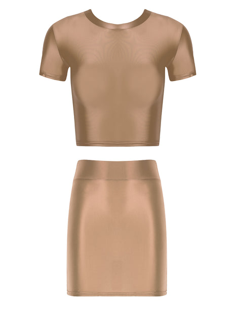 Womens Glossy Two-piece Outfit Oil Shiny Smooth High Waist Mini Skirt with Tank Top Nightclub Rave Outfit Pole Dancing Clubwear