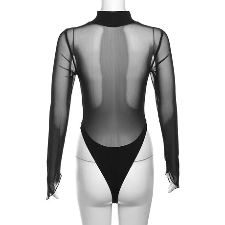 Mesh Long Sleeve Hollow Out Bodysuit Streetwear All Season Fashion Women's Solid Color Slim Fit Tops Y2k Gothic Sexy Rave Outfit