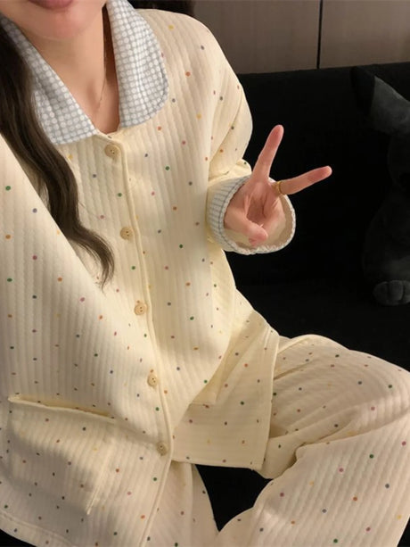 Thickened Air Cotton Sleepwear Set for Women Autumn Winter Polka Dot Home Clothes Korean Style Cute Girl Long Sleeve V-Neck