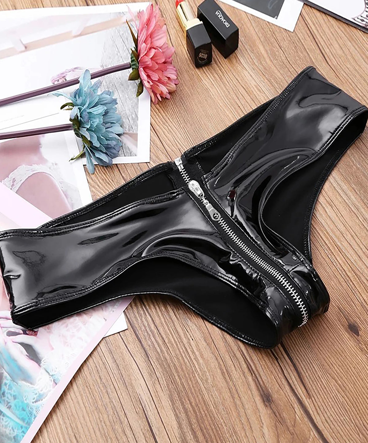 Women's Shiny Patent Leather Zipper Thong, Wet Look Low Rise Briefs, Sexy Fetish Lingerie for Club Party Cosplay