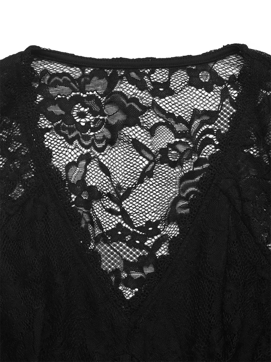 Benuynffy Black V-neck Long Sleeve Bodysuit Women's Sexy See Through Lace Bodys for Women Slim Fit One Pieces Tight Body Top