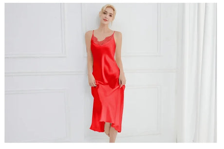 Sexy Women Long Nightgown Intimate Lingerie Patchwork Lace Suspender Nightdress Chemise Sleepwear Loungewear Silk Satin Homewear