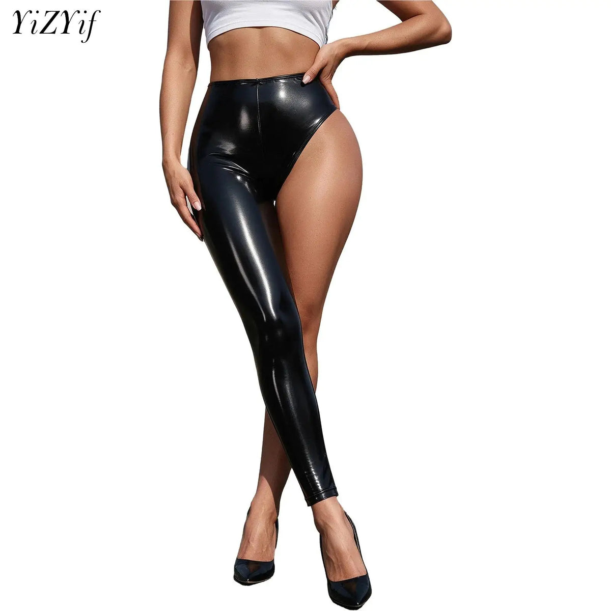 Womens Patent Leather Single-leg Pants Clubwear Glossy High Waist Leggings Tights Trousers for Rave Nightclub Party Pole Dance