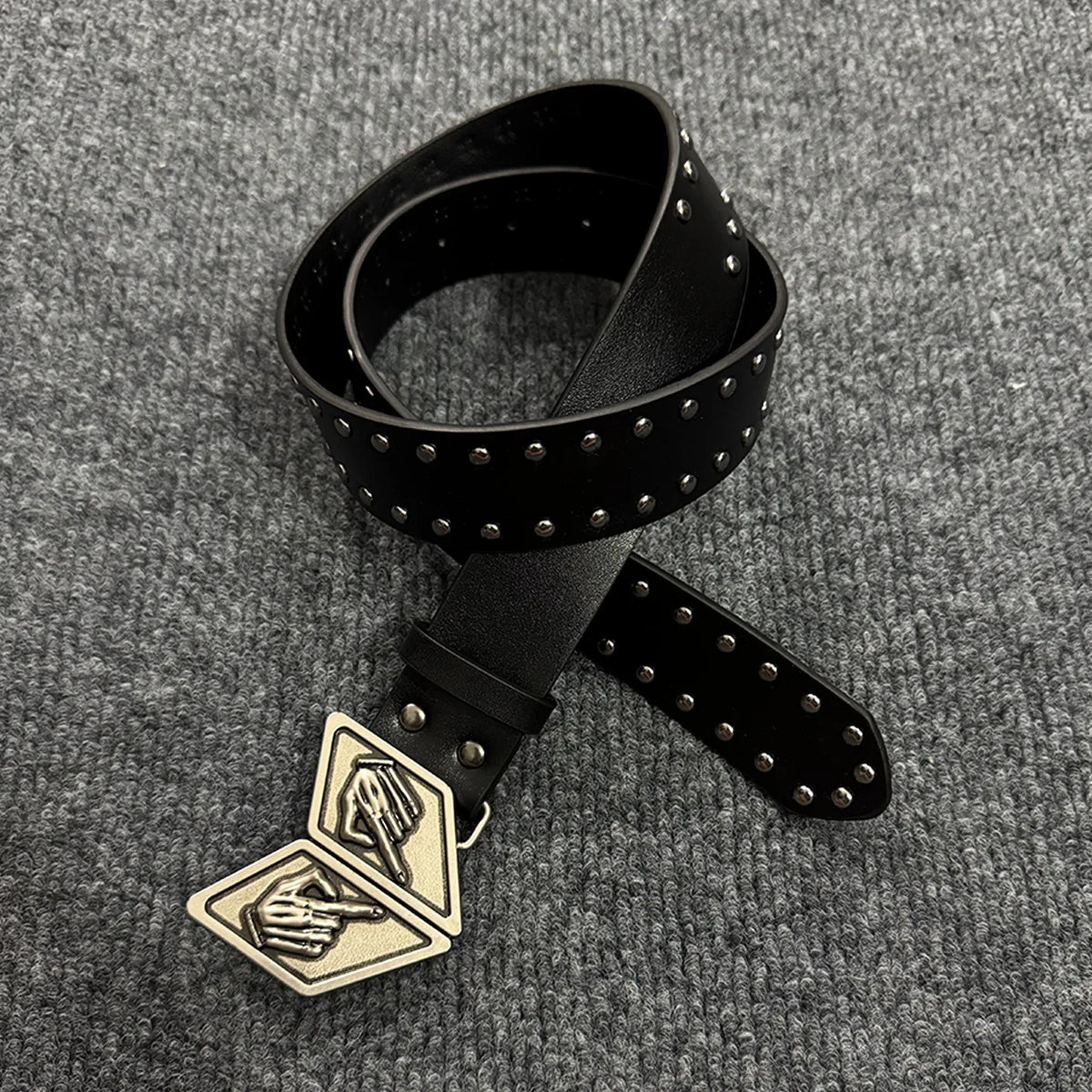 Anime Cosplay Rivet Faux‑Leather Waist Belt Unique Gesture‑shaped Metal Buckle Decor Unisex Punk Trouser Strap Fashion Accessory
