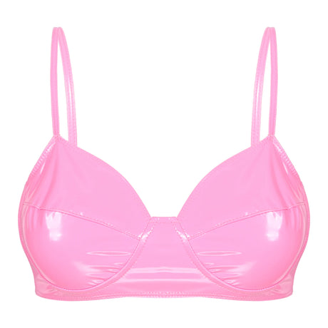 Womens Lingerie Fashion Wetlook Faux Leather Bra Sexy Wire-free No Pad Bra Top Brassiere Raves Pole Dances Costume Clubwear