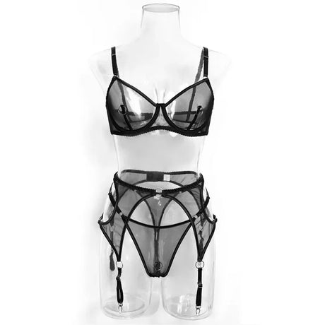 Lingerie Set Sexy See Through Mesh Push Up Bra Contrast Color Metal Ring Decor High Elasticity Two Piece Sexy Lingerie for Women