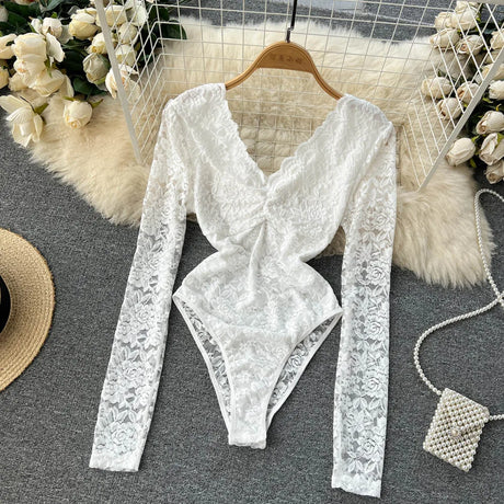 Sexy Mesh Lace Bodysuit Fashion Long Sleeve V-neck One Piece Basic Hotsweet Women Print Gothic Slim Streetwear Jumpsuit Ins