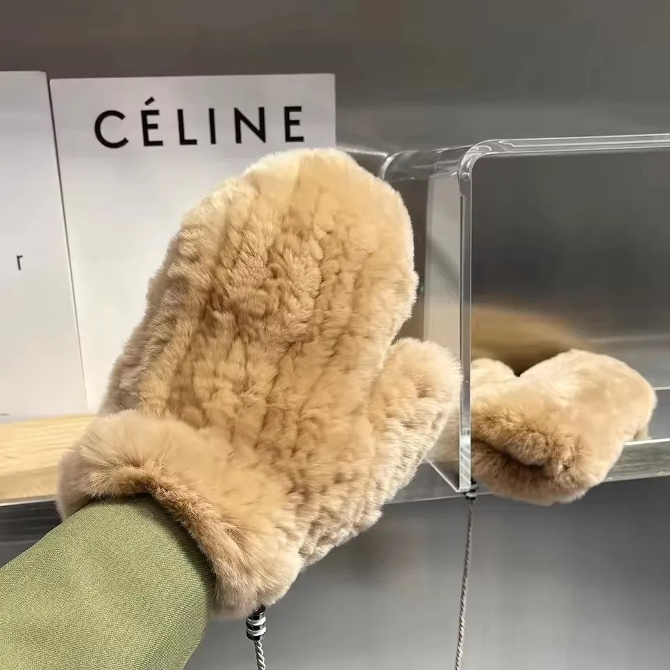 Hot Sale Women's 100% Natural Rabbit Fur Winter Gloves Warm Knit Thick Thermal Mittens Soft Real Fur Outdoor Cold Weather Glove