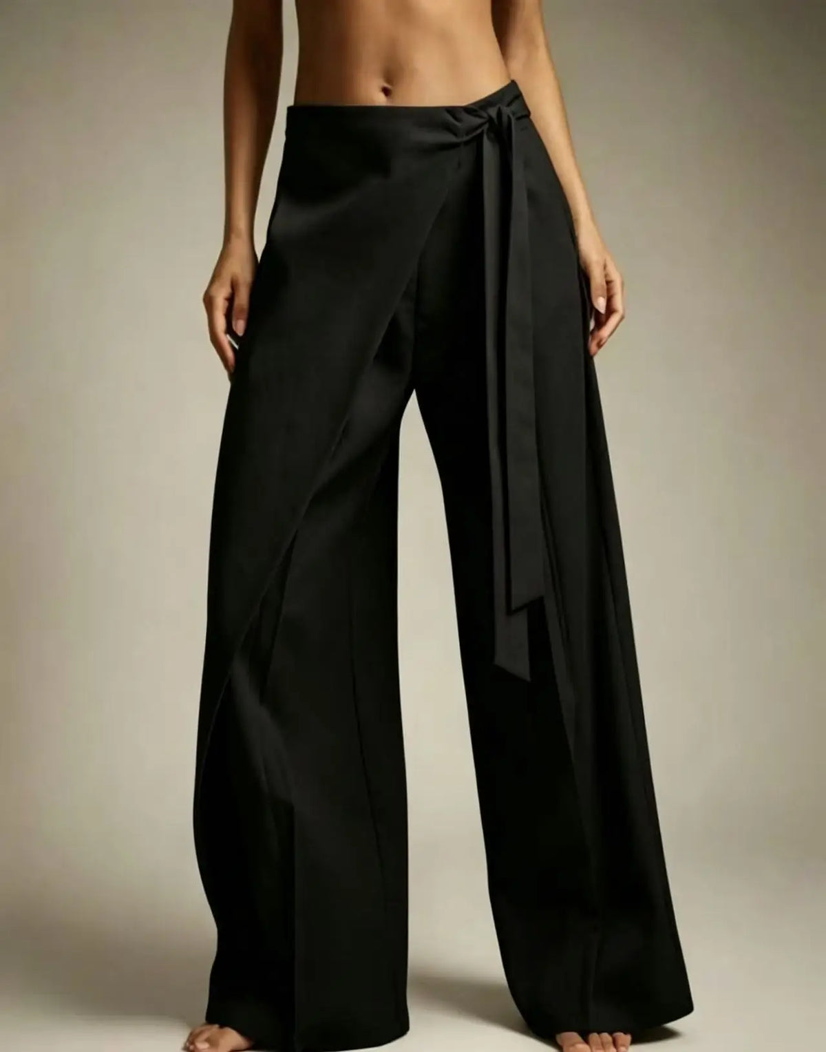 Women High Waist Wide Leg Pants Loose Wrap Tie Knot Asymmetric Pleated Trousers Beach Casual Bottoms