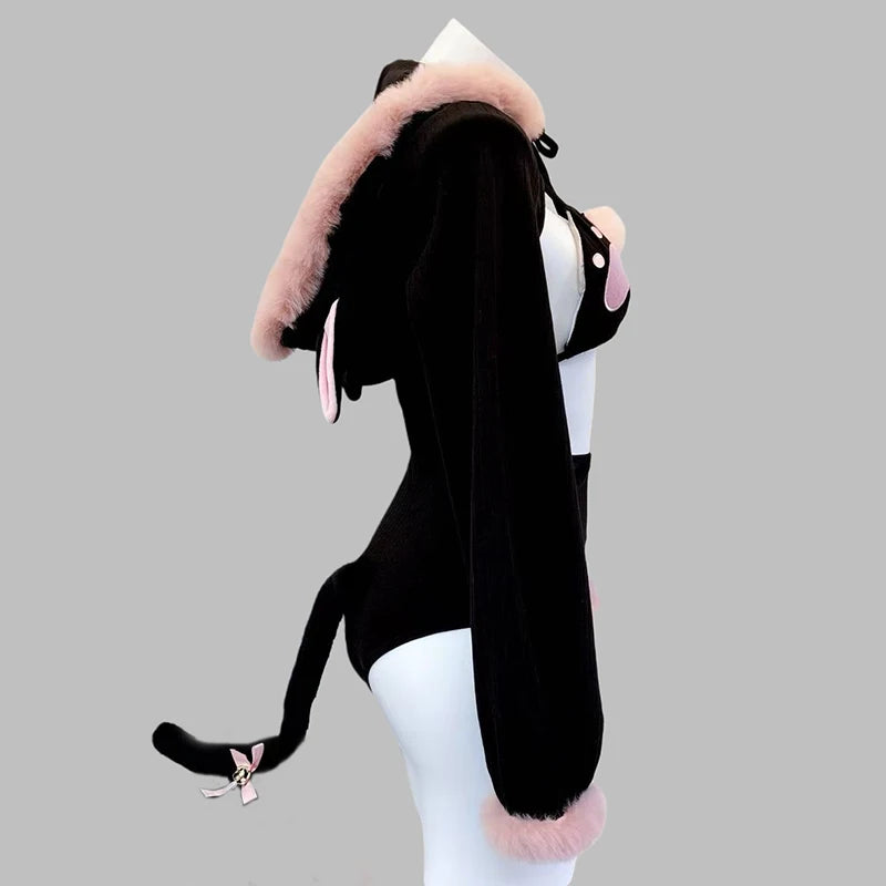 SENMHS Original Japanese Sweet Lolita Cat Girl Cosplay Set Women Kawaii Cat Paw Bikini with Hooded Bodysuit Photo Shoot Hallowee